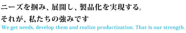 ニーズを掴み、展開し、製品化を実現する。それが、私たちの強みですWe get needs, develop them and realize productization. That is our strength.